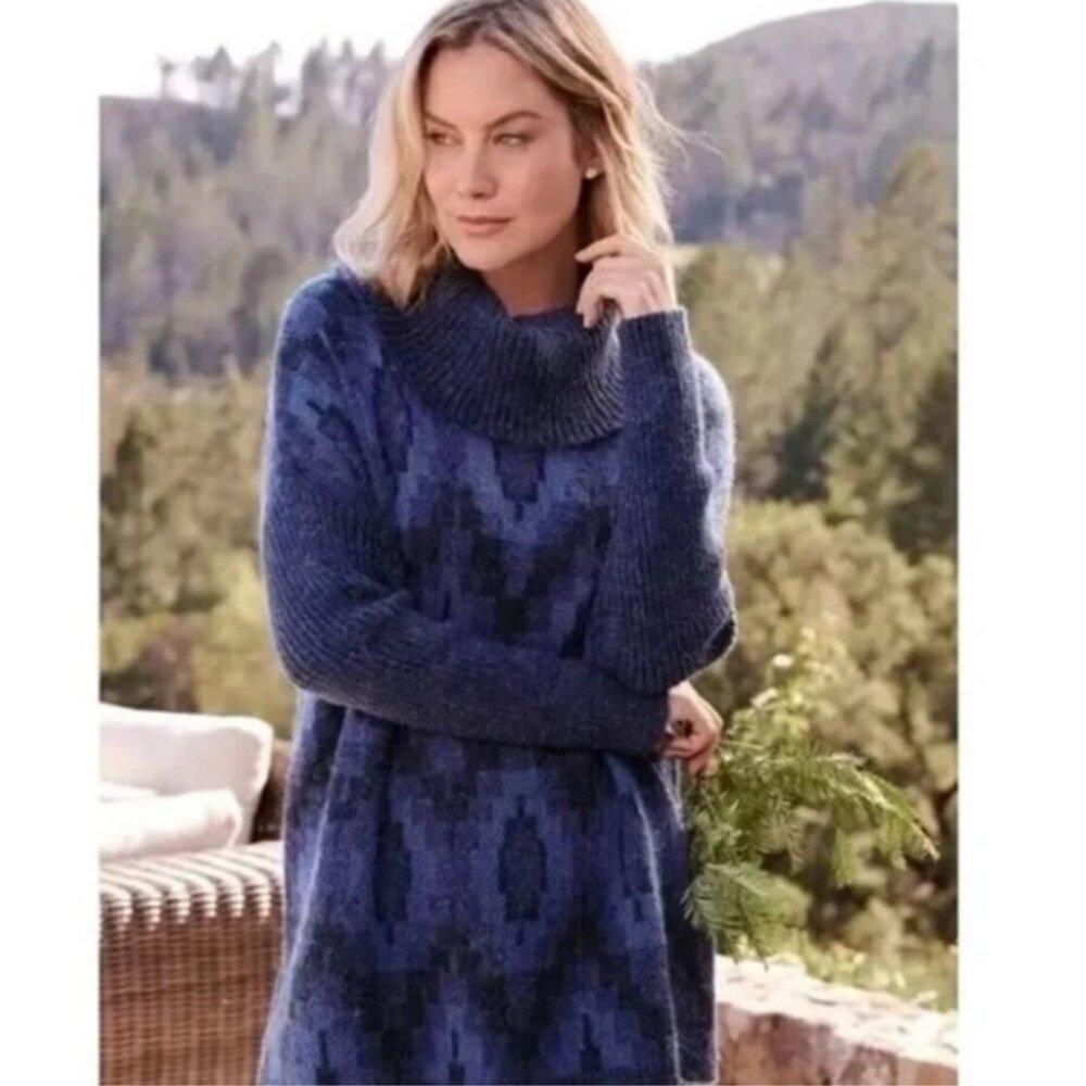 Soft Surroundings Blue Cowl Next Wool Alpaca Soft Knit Pullover Tunic Sweater L